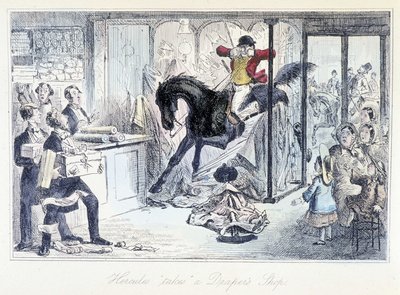 Hästjägare råkar komma in i en tygaffär. Engelsk tecknad serie om jakt hämtar från "" äventyr av Thomas Scott eller Hawbuck Grange"" illustration av H.K. Browne och W.T. Maud. av Hablot Knight Browne