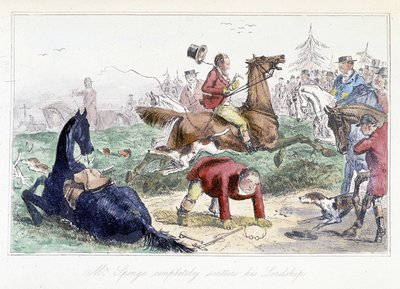 Hunter faller från sin häst. Engelsk tecknad film från Thomas Scotts eller Hawbuck Granges äventyr”, illustration av H.K. Browne och W.T. Maud. av Hablot Knight Browne