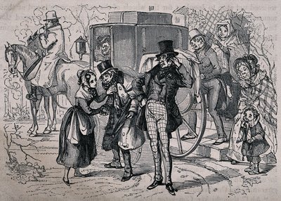 En ung kvinna tar hand om en man som ser sjuk ut, medan människor från huset kliver in i vagnen. Träsnitt av Gray efter H.K. Browne. av Hablot Knight Browne