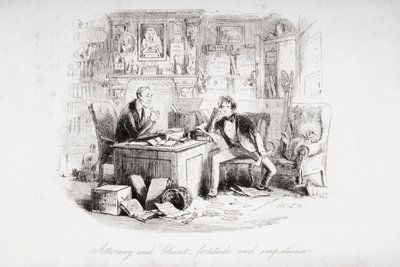 Advokat och klient, styrka och otålighet, illustration från "Bleak House" av Charles Dickens (1812-70) publicerad 1853 (litografi) av Hablot Knight Browne