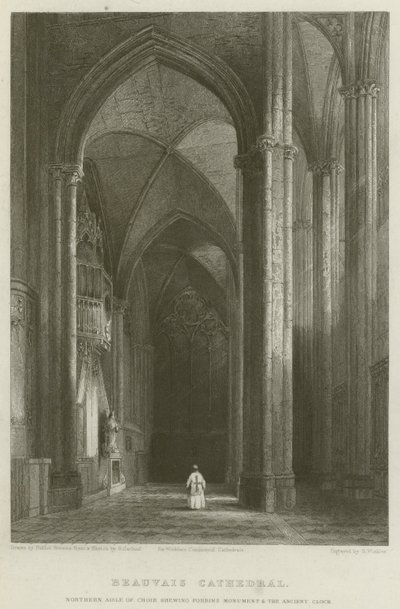 Beauvais-katedralen, norra korsgången som visar Forbins-monumentet och den antika klockan av Hablot Knight Browne