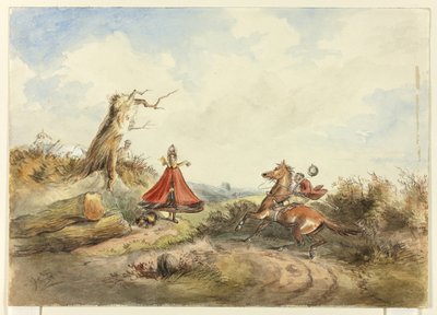 Häst med ryttare som skyggar från kvinna med hund av Hablot Knight Browne
