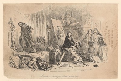I sin ateljé håller Henry Gowan tillbaka sin hund, som just har känt igen brottslingen Rigaud av Hablot Knight Browne