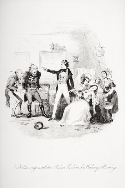 Nicholas gratulerar Arthur Gride till hans bröllopsmorgon, illustration från `Nicholas Nickleby
