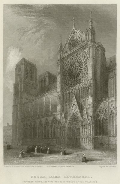 Notre Dame-katedralen, södra fronten, visar transeptets rosenfönster av Hablot Knight Browne