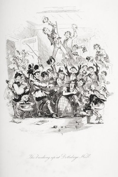 "Uppbrytningen" i Dotheboys Hall, illustration från "Nicholas Nickleby" av Charles Dickens (1812-70) publicerad 1839 av Hablot Knight Browne