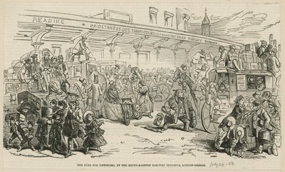 Rusningen efter omnibussar vid den sydöstra järnvägsterminalen, London Bridge av Hablot Knight Browne