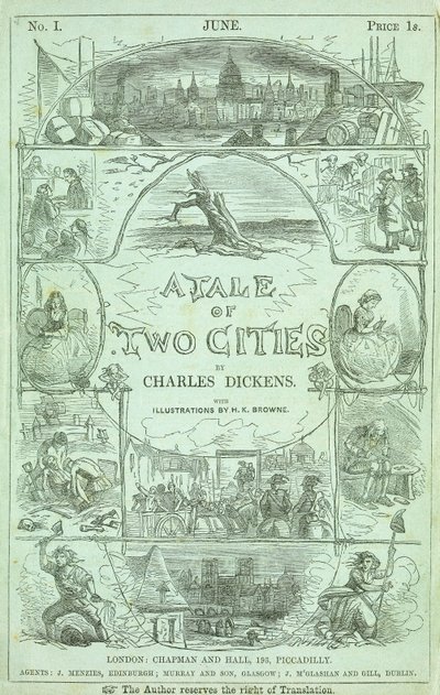 Titelsida från första delen av den första upplagan i serialiserade delar av boken "A Tale of Two Cities" av Charles Dickens, 1859 av Hablot Knight Browne
