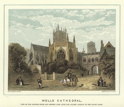 Wells Cathedral, utsikt över kapitelhuset och östra porten, med galleriet som leder till Vicar