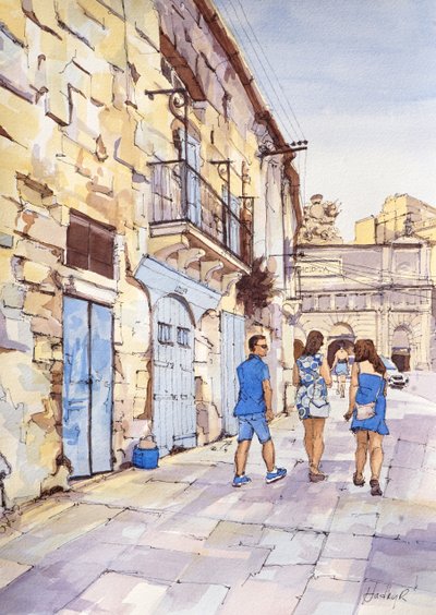 Trekant i blått, Valletta, Malta, ca 2024 (akvarell  tusch) av Hadley Rampton