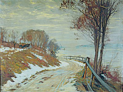 Väg genom ett snöigt landskap (olja på duk) av Hal Robinson