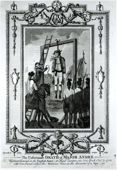 Den olyckliga döden av major Andre, generaladjutant till den engelska armén, vid högkvarteret i New York, 2 oktober 1780, graverad av John Goldar (1729-1795) av Hamilton