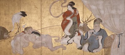 Seven Gods Of Good Fortune (bläck, färg och bladguld på papper, sexfaldig skärm) av Hanabusa Itcho