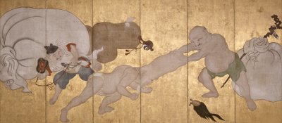 Seven Gods Of Good Fortune (bläck, färg och bladguld på papper, sexfaldig skärm) av Hanabusa Itcho