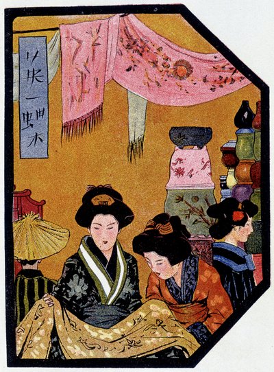 Ung japaner i sidenbutiker - i "" japansk docka"" av Félicien Champsaur, ill. Hanafusa Itcho, Paris av Hanabusa Itcho