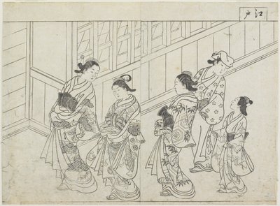 Fem prostituerade framför ett hus, tidigt 1770-tal (trätryck) av Hanabusa Shigenobu