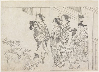 Fem prostituerade på en innergård, tidigt 1770-tal (trätryck) av Hanabusa Shigenobu