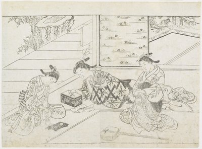 Tre prostituerade i ett rum, tidigt 1770-tal (trätryck) av Hanabusa Shigenobu
