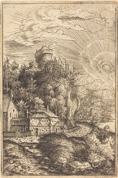 Landskap med ett slott och strålande sol av Hanns Lautensack