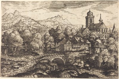 Bergigt landskap med en by av Hanns Lautensack