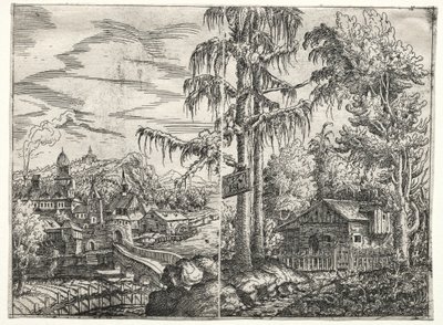 Landskap med staden vid en flod och The Cottage between Trees, 1551. av Hanns Sebald Lautensack
