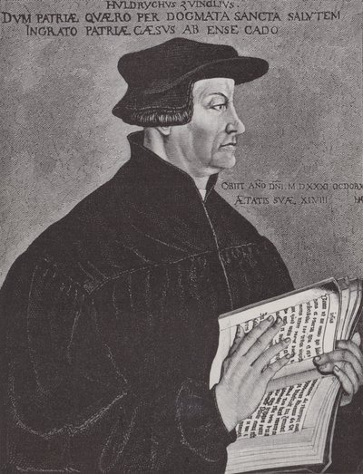 Huldrych Zwingli, ledare för reformationen i Schweiz (gravyr) av Hans (after) Asper