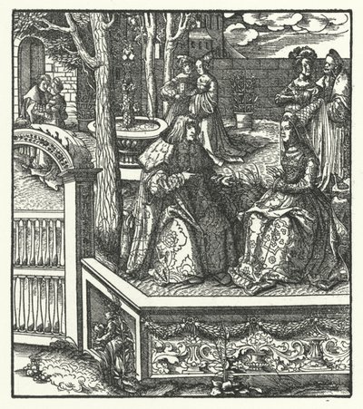 Ärkehertig Maximilian av Österrike och hans fru Maria av Bourgogne lär varandra sina respektive språk (gravyr) av Hans (after) Burgkmair