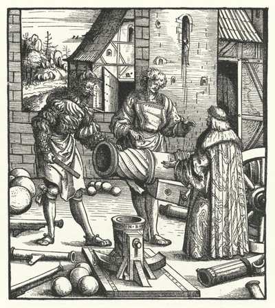 Ärkehertig Maximilian av Österrike konsulterar vapensmeder (gravyr) av Hans (after) Burgkmair