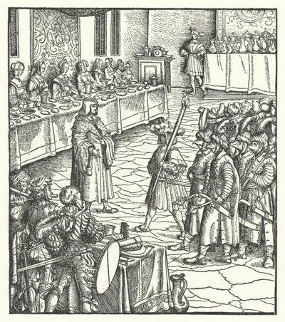 Ärkehertig Maximilian av Österrike regisserar en mummers pjäs (gravyr) av Hans (after) Burgkmair