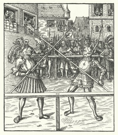 Ärkehertig Maximilian av Österrike slåss till fots med hjälp av en hellebard (gravyr) av Hans (after) Burgkmair
