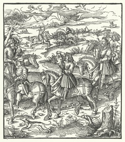 Ärkehertig Maximilian av Österrike jagar hägrar (gravyr) av Hans (after) Burgkmair