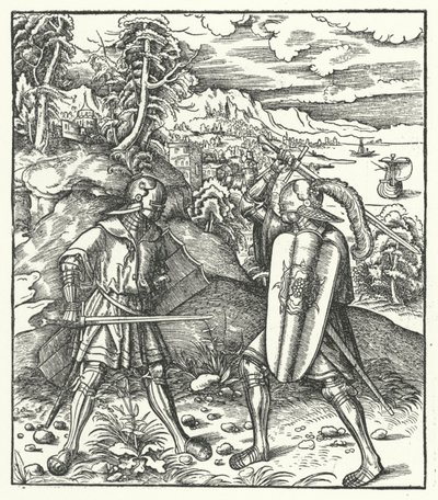 Ärkehertig Maximilian av Österrike i rustning strider med ett svärd (gravyr) av Hans (after) Burgkmair