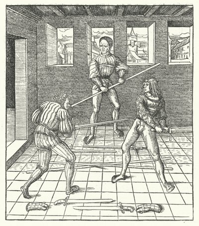 Ärkehertig Maximilian av Österrike lär sig konsten att fäkta (gravyr) av Hans (after) Burgkmair