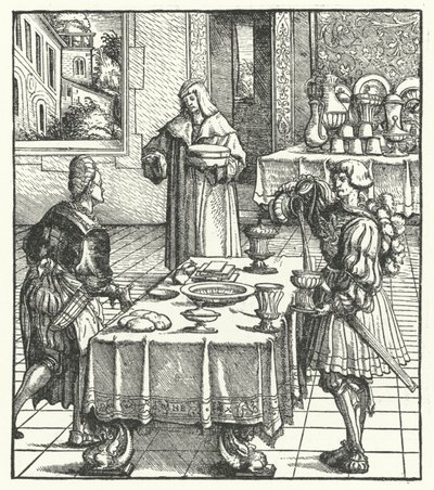 Ärkehertig Maximilian av Österrike lär sig de kulinariska konsterna (gravyr) av Hans (after) Burgkmair