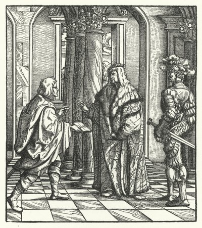 Ärkehertig Maximilian av Österrike tar emot Maria av Bourgognes samtycke till hans äktenskapsförslag (gravyr) av Hans (after) Burgkmair