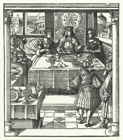 Ärkehertig Maximilian av Österrike besöker sin blivande hustru, Maria av Bourgogne, och hennes mor, Isabella av Bourbon (gravyr) av Hans (after) Burgkmair