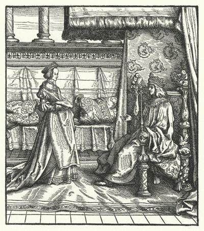 Karl den Djärve, hertig av Bourgogne, med sin dotter Maria, som senare gifte sig med den blivande helige romerske kejsaren Maximilian I 1477 (gravyr) av Hans (after) Burgkmair