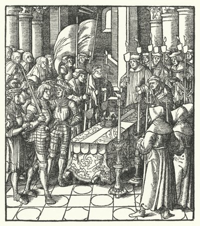 Kung Ludvig XII av Frankrike bredvid kistan till sin föregångare, kung Karl VIII av Hans (after) Burgkmair