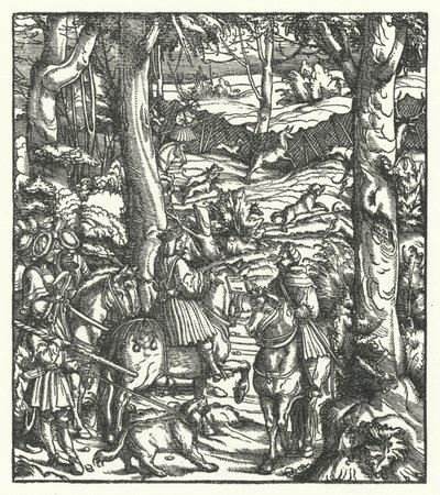 Maximilian I, romarnas kung, tar emot ett meddelande under jakt (gravyr) av Hans (after) Burgkmair