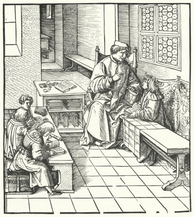 Maximilian tar emot instruktion (gravyr) av Hans (after) Burgkmair