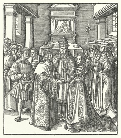 Påven Nicholas V presiderar över äktenskapet mellan den helige romerske kejsaren Fredrik III och Eleanor av Portugal i Rom av Hans (after) Burgkmair