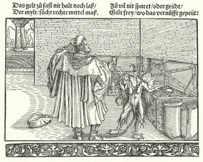 The Demon of Avarice (gravyr) av Hans (after) Burgkmair