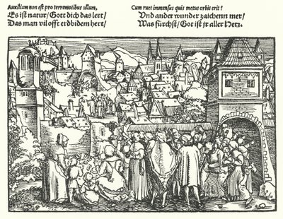 Jordbävningen (gravyr) av Hans (after) Burgkmair
