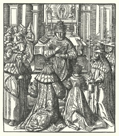 Den helige romerske kejsaren Fredrik III och kejsarinnan Eleanor tar emot nattvarden från påven (gravyr) av Hans (after) Burgkmair