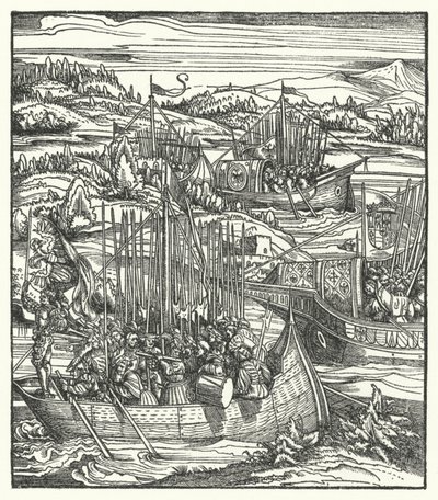 Den helige romerske kejsaren Maximilian I med sin flotta i La Spezia, Italien av Hans (after) Burgkmair