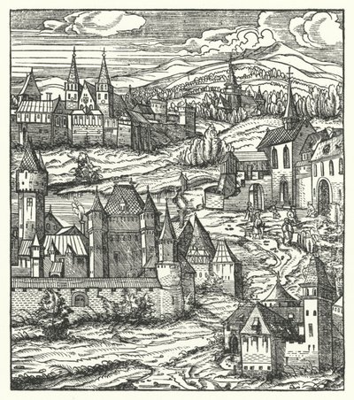 Wiener Neustadt, Österrike, födelseplatsen för Maximilian I, den helige romerske kejsaren (gravyr) av Hans (after) Burgkmair