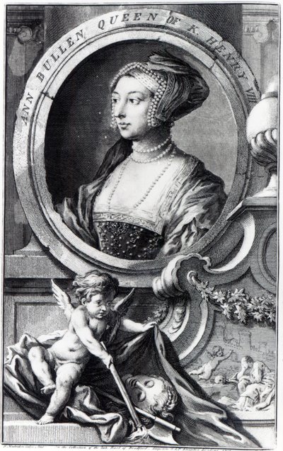 Anne Boleyn, graverad av Jacobus Houbraken av Hans (after) Holbein the Younger