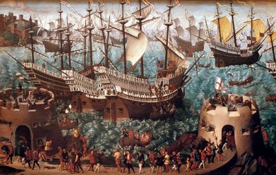 Ombordstigning av Henrik VIII (1491-1547) i Dover på galjonen Henri Grace a Dieu” med anledning av handeln undertecknad med Francois I (Camp du Drap d