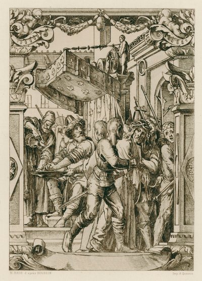 Jesus Kristus, Pilatus som tvättar sina händer (gravyr) av Hans (after) Holbein the Younger