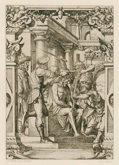 Jesus Kristus, krönt med törnen (gravyr) av Hans (after) Holbein the Younger